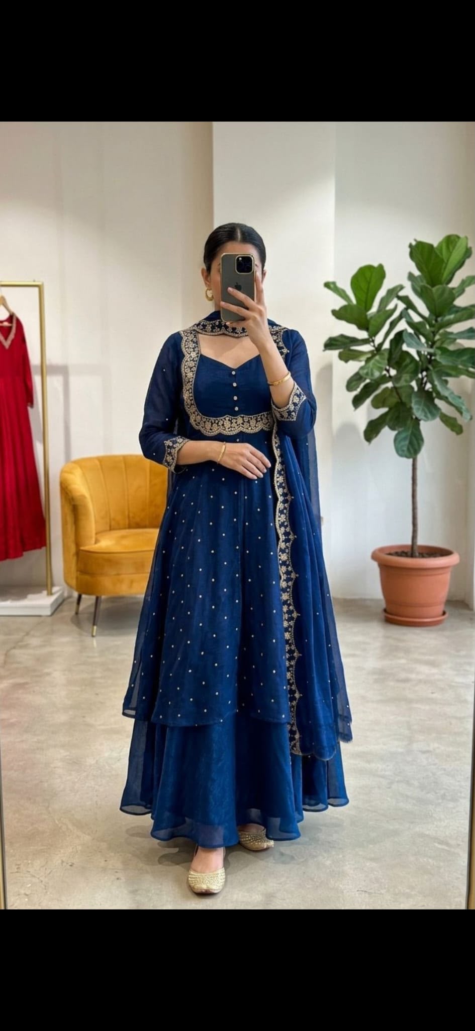 Navy Blue Anarkali Set – Gold Sequin Work with Dupatta