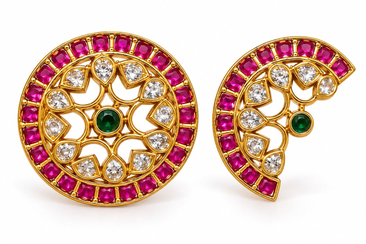Gold Round Hair Jewellery with Ruby & Emerald Stones