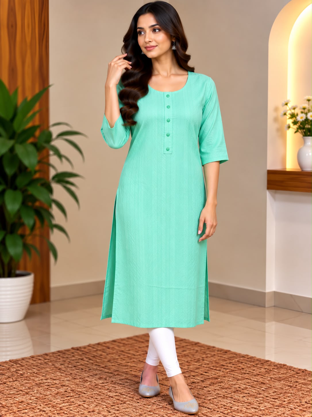 Model wearing an aqua button-front kurta with three-quarter sleeves