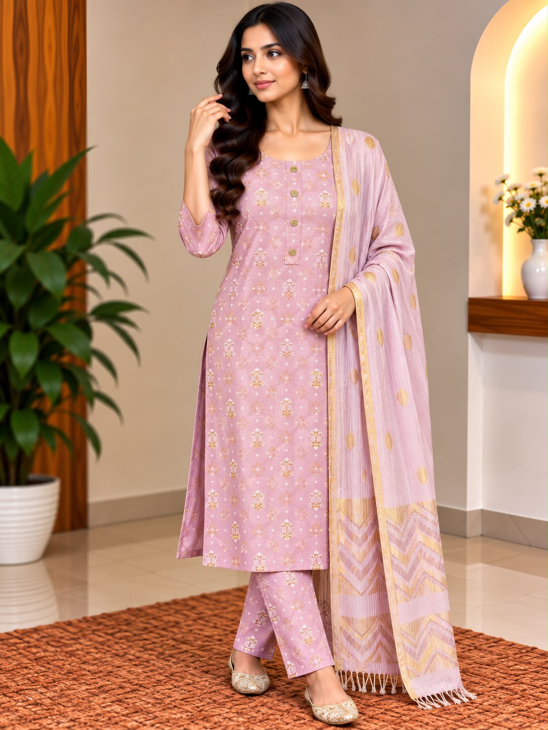 Model wearing a lavender embroidered tunic and trousers with a matching patterned scarf