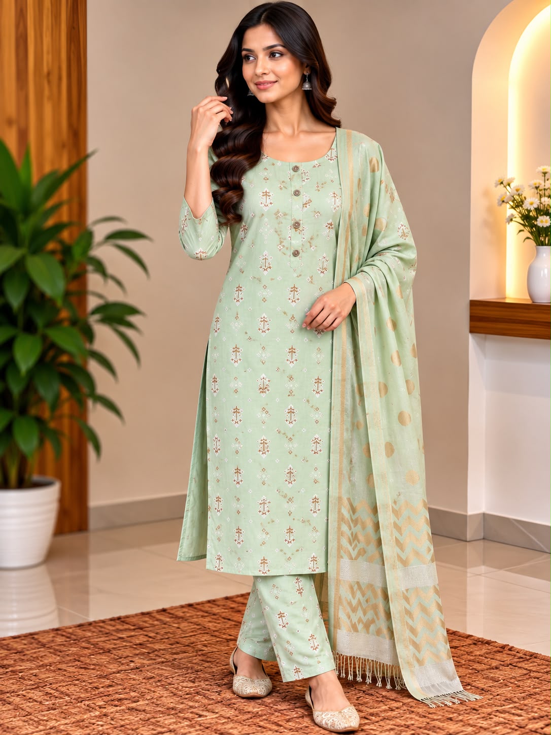 Model wearing a sage green embroidered tunic and trousers with a matching patterned scarf
