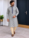 Front view of grey patterned men's kurta with navy collar