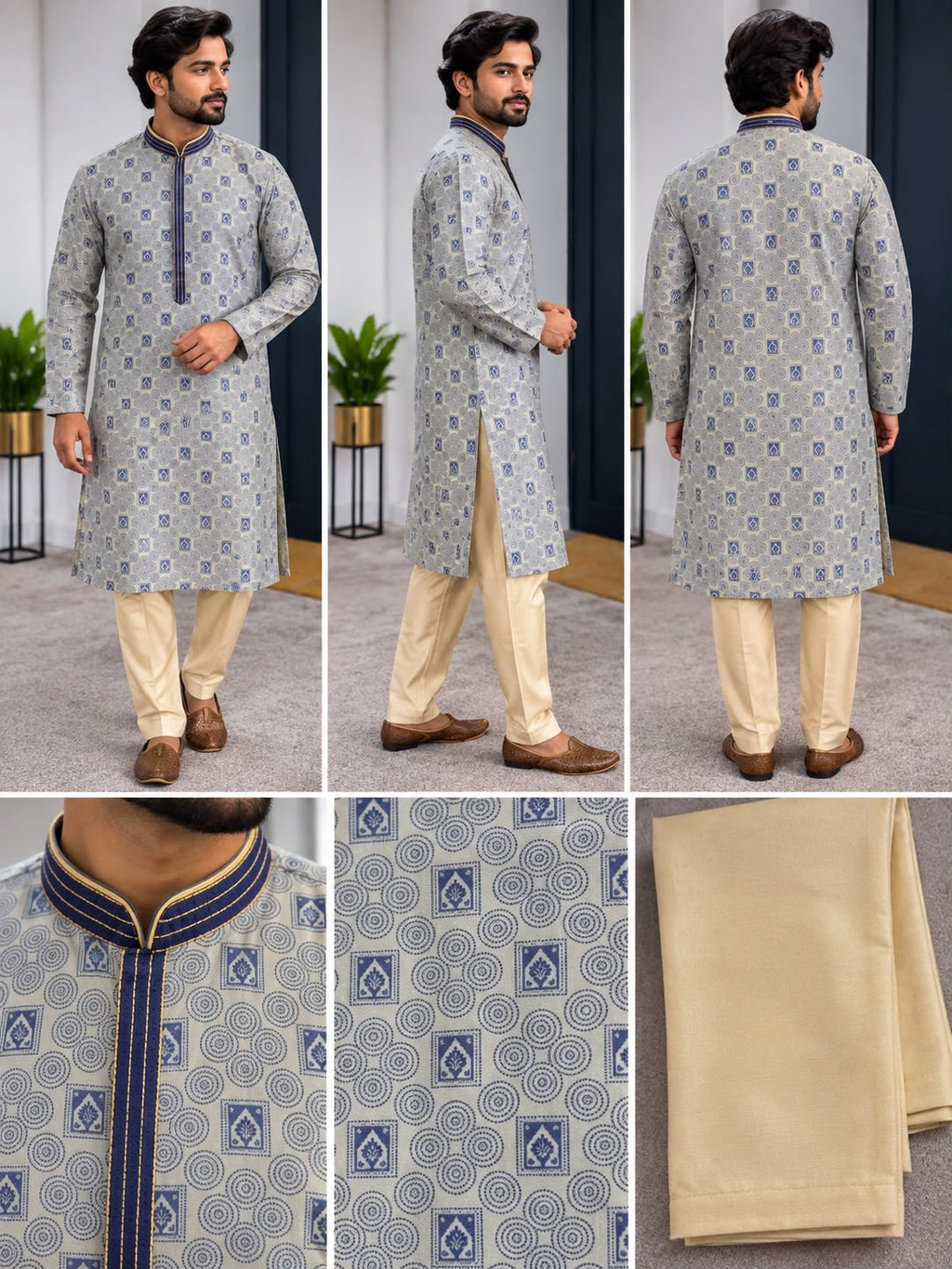 Front, side, back and detail views of grey patterned men's kurta
