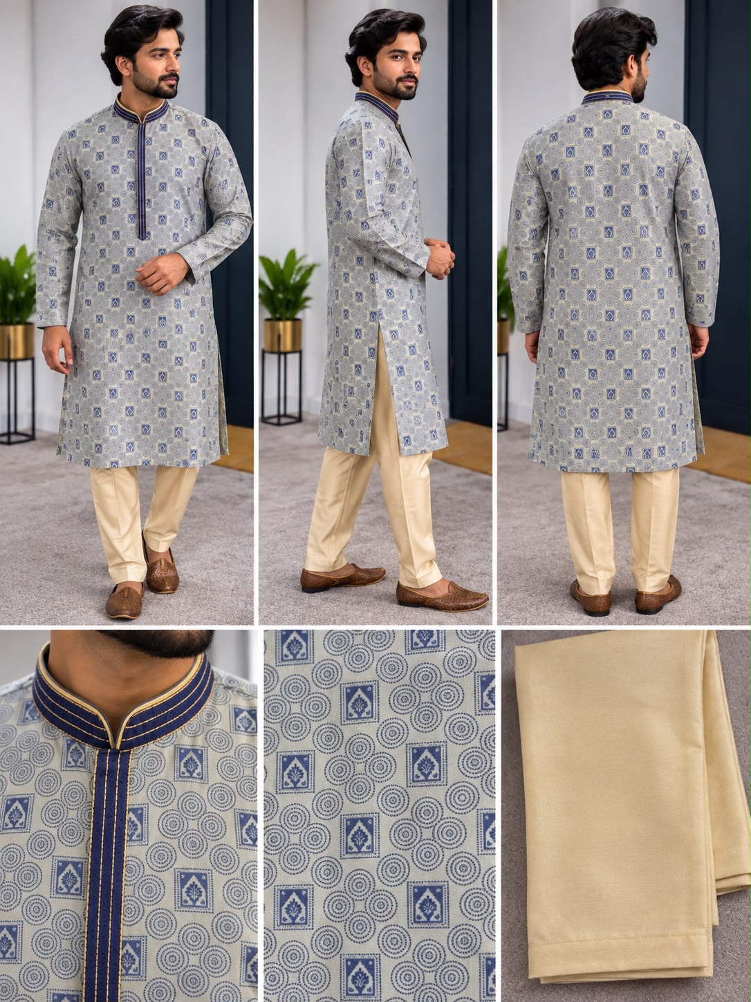 Front, side, back and detail views of grey patterned men's kurta
