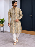Front view of beige geometric-pattern men's kurta