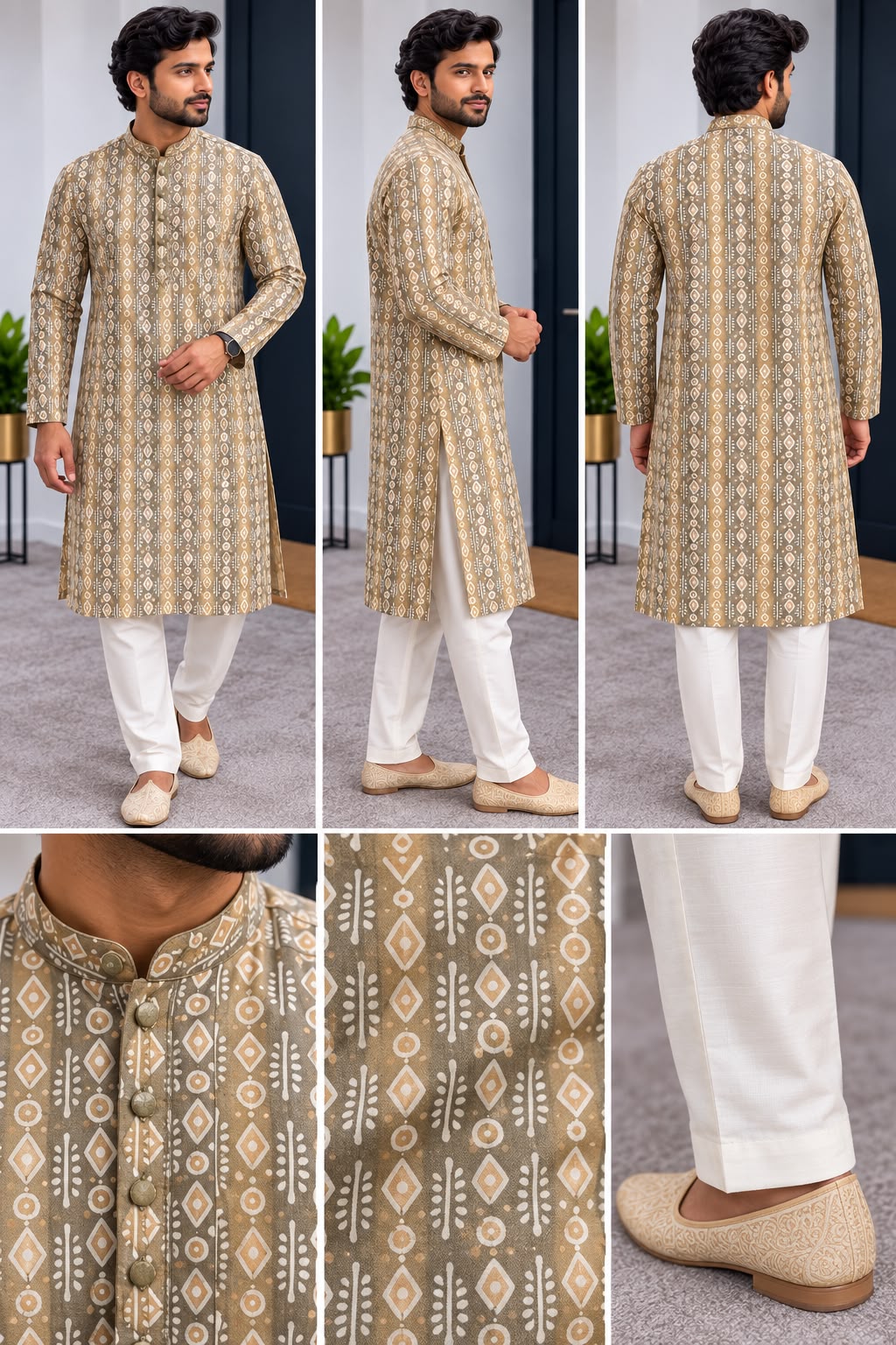 Front, side, back and detail views of beige geometric-pattern men's kurta