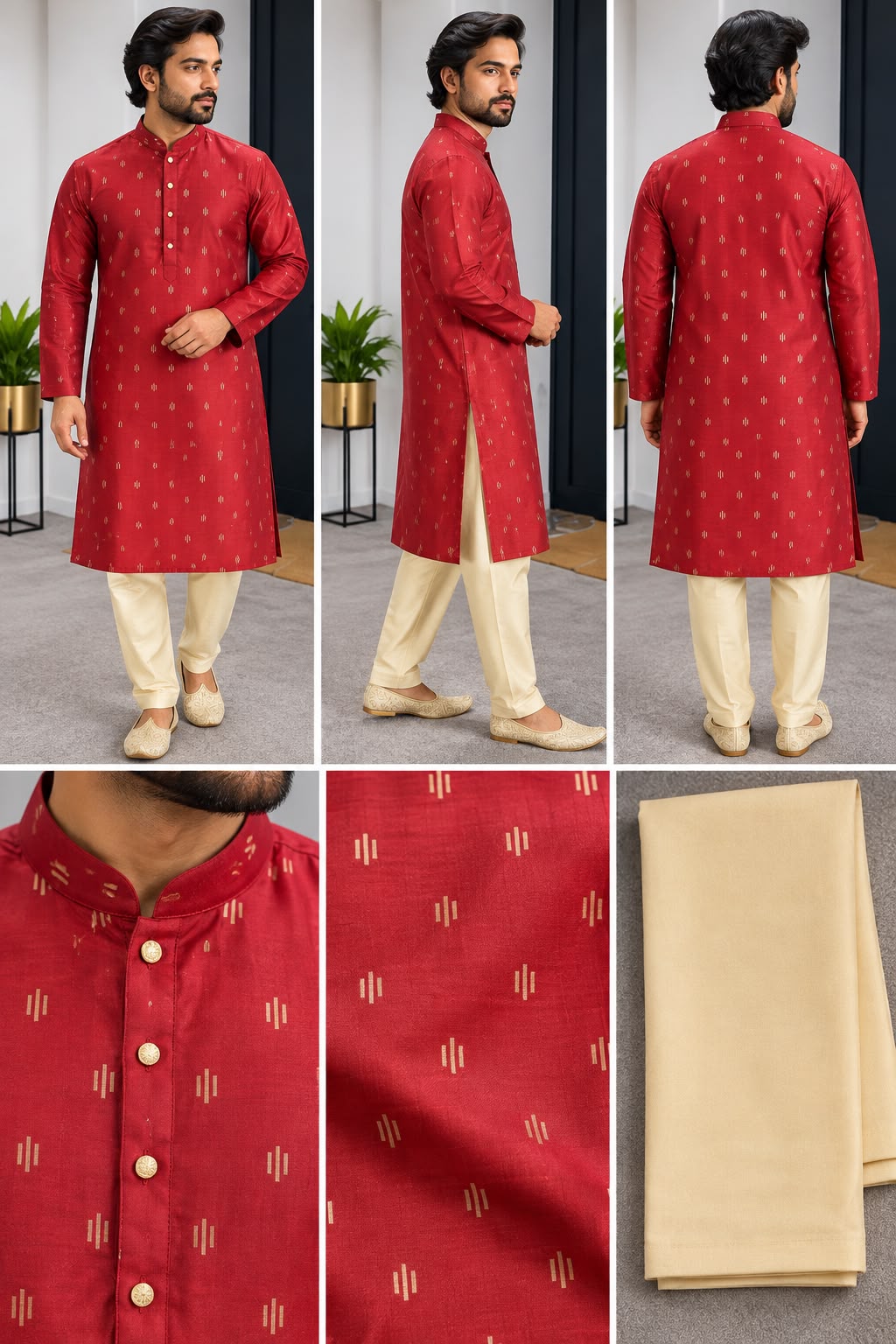 Front view of red patterned men's kurta