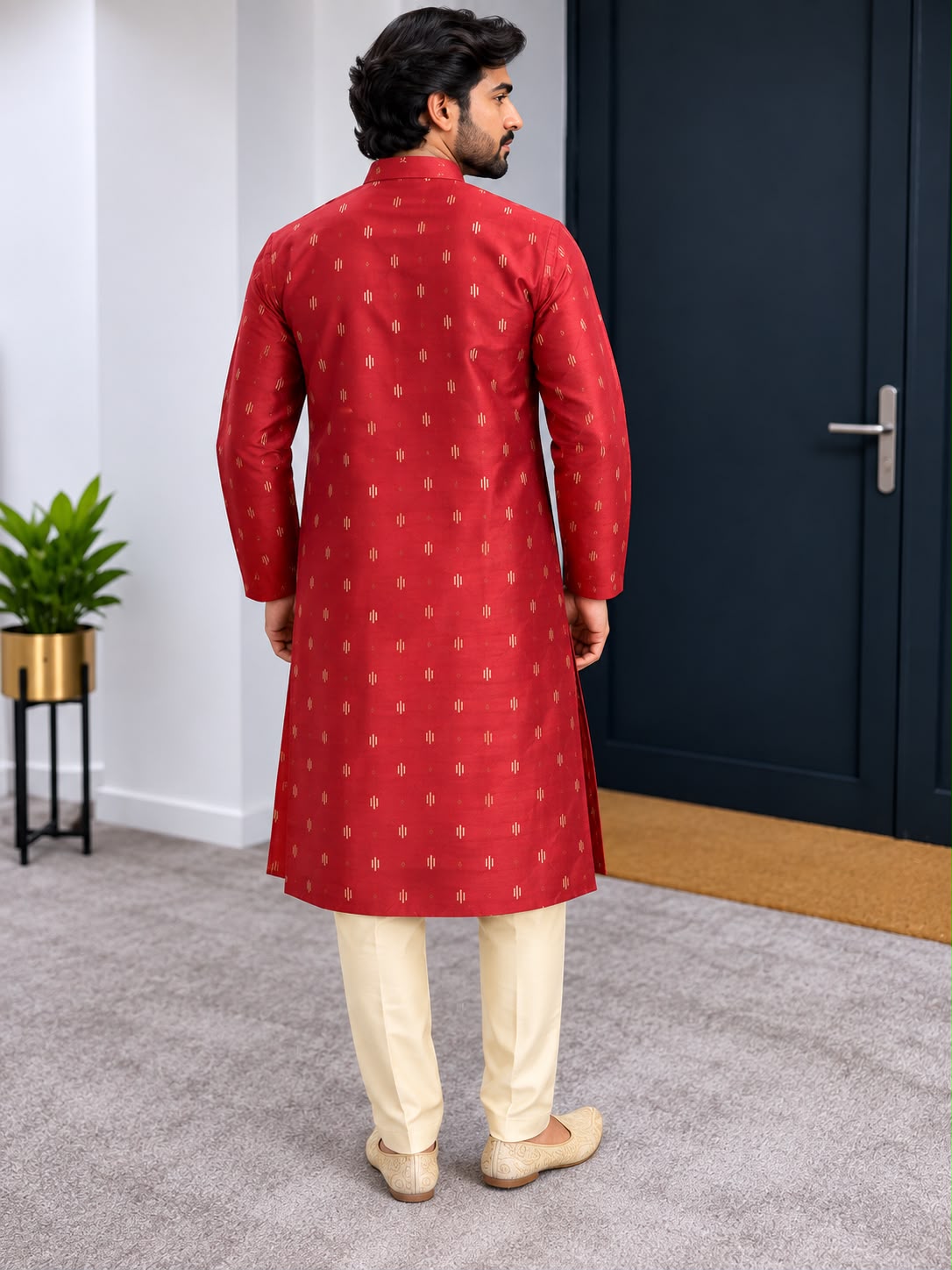Front, side, back and detail views of red patterned men's kurta