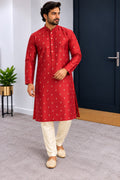 Back view of red patterned men's kurta