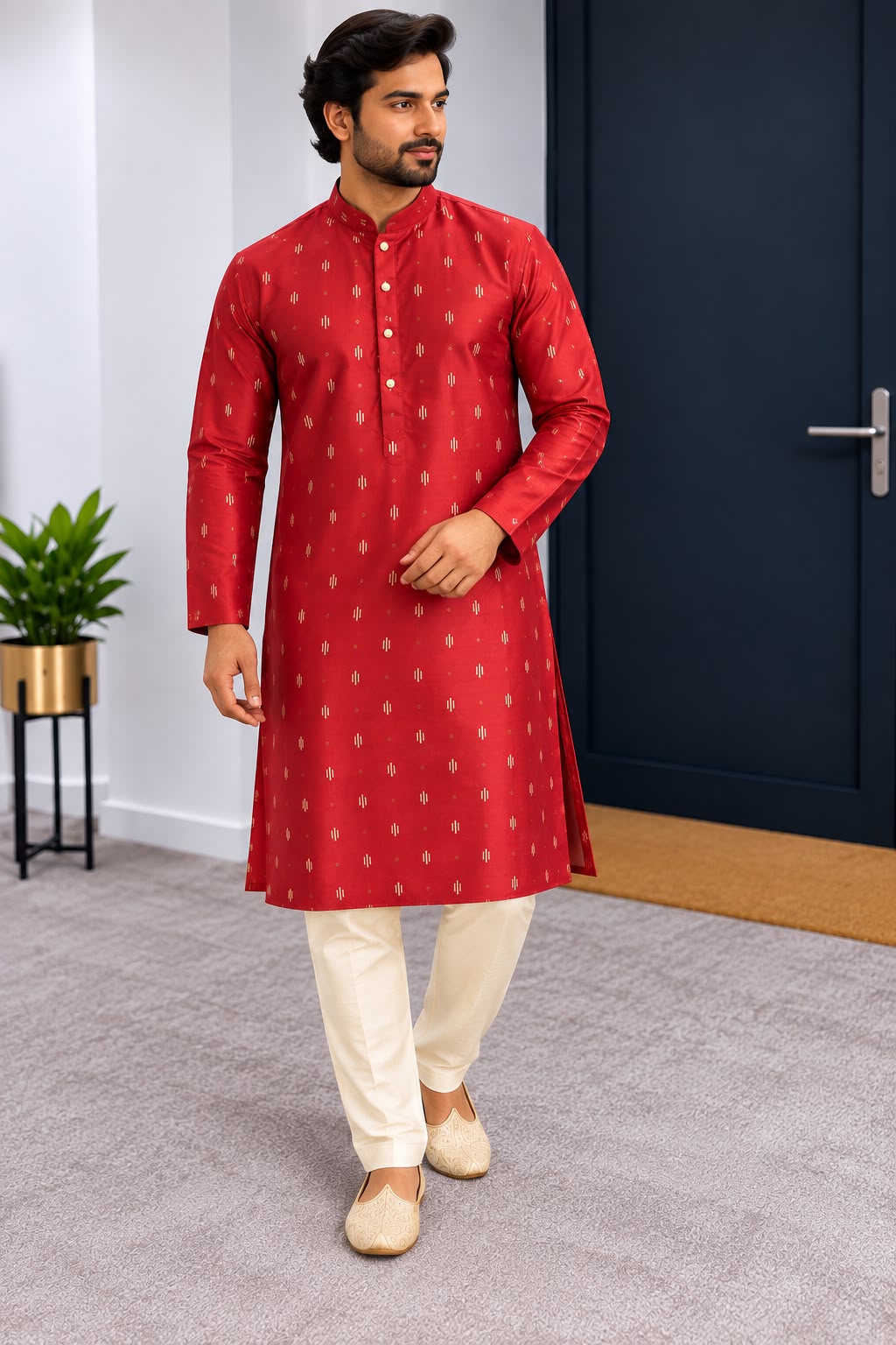 Back view of red patterned men's kurta