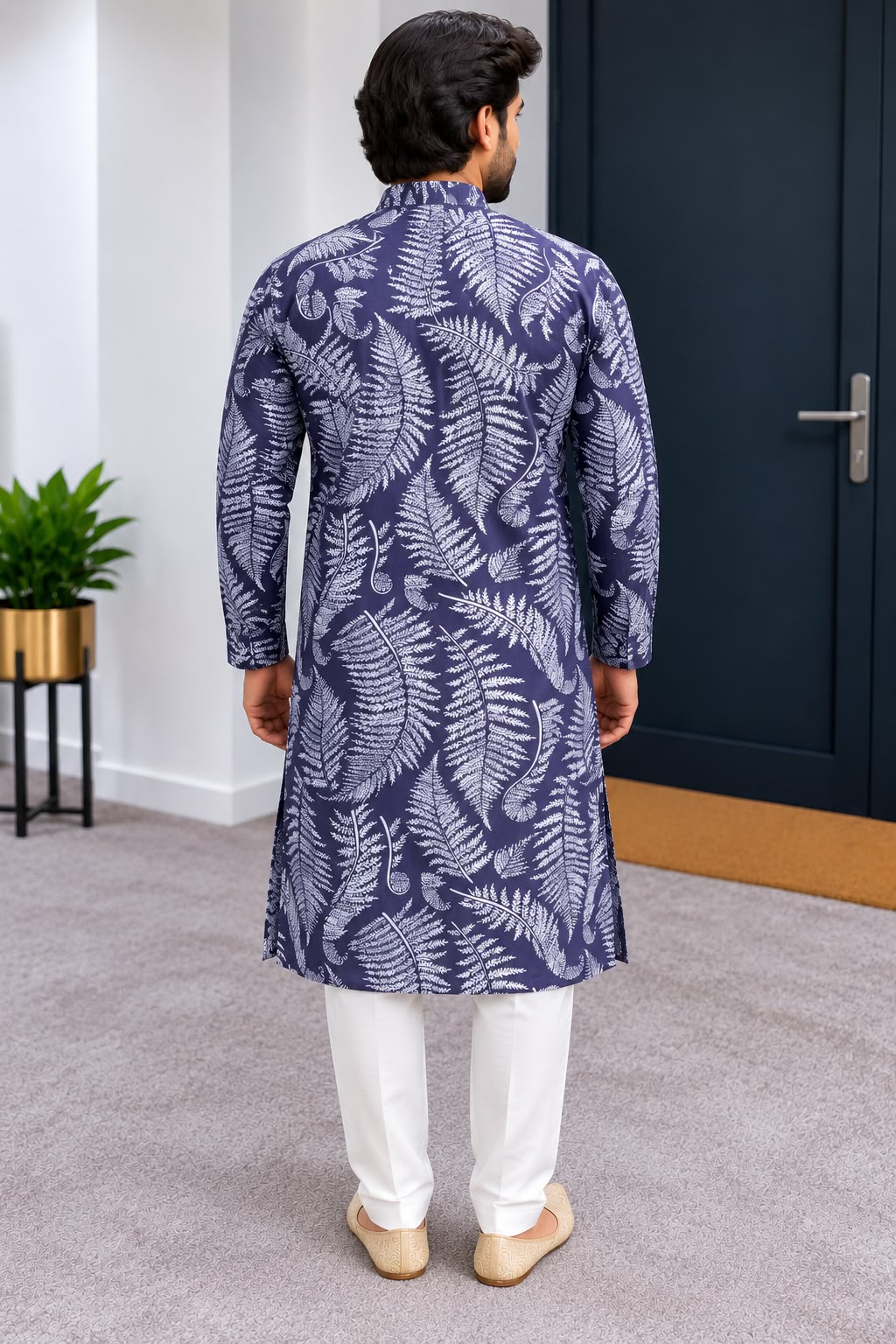 Front view of navy leaf-print men's kurta
