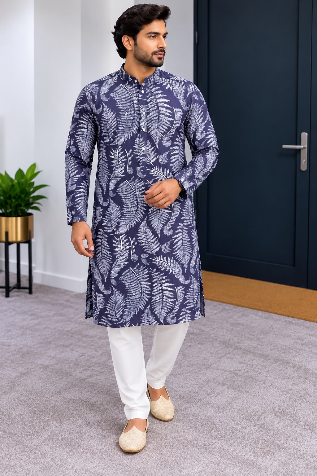 Detail views of navy leaf-print men's kurta
