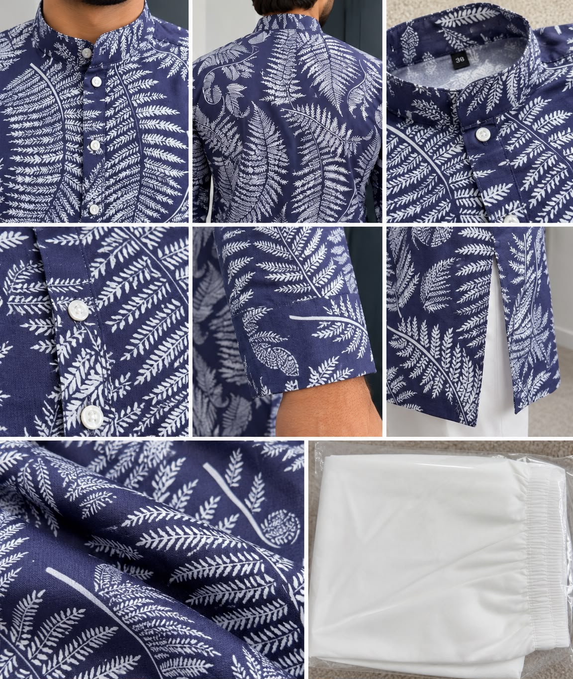 Back view of navy leaf-print men's kurta