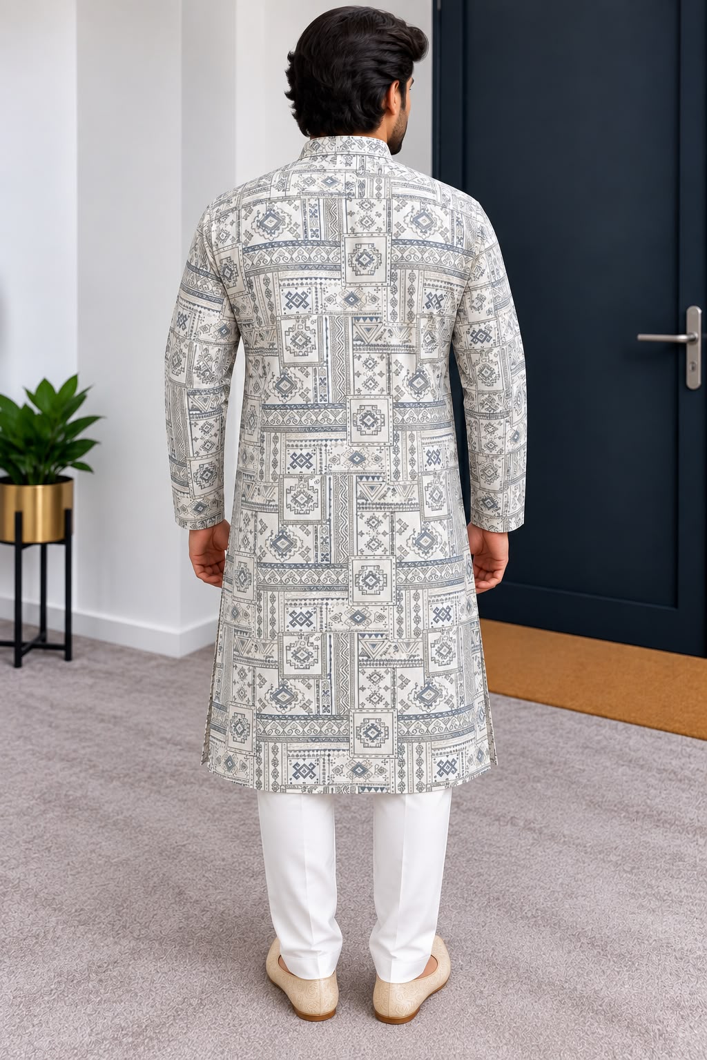 Front view of white and grey geometric-print men's kurta