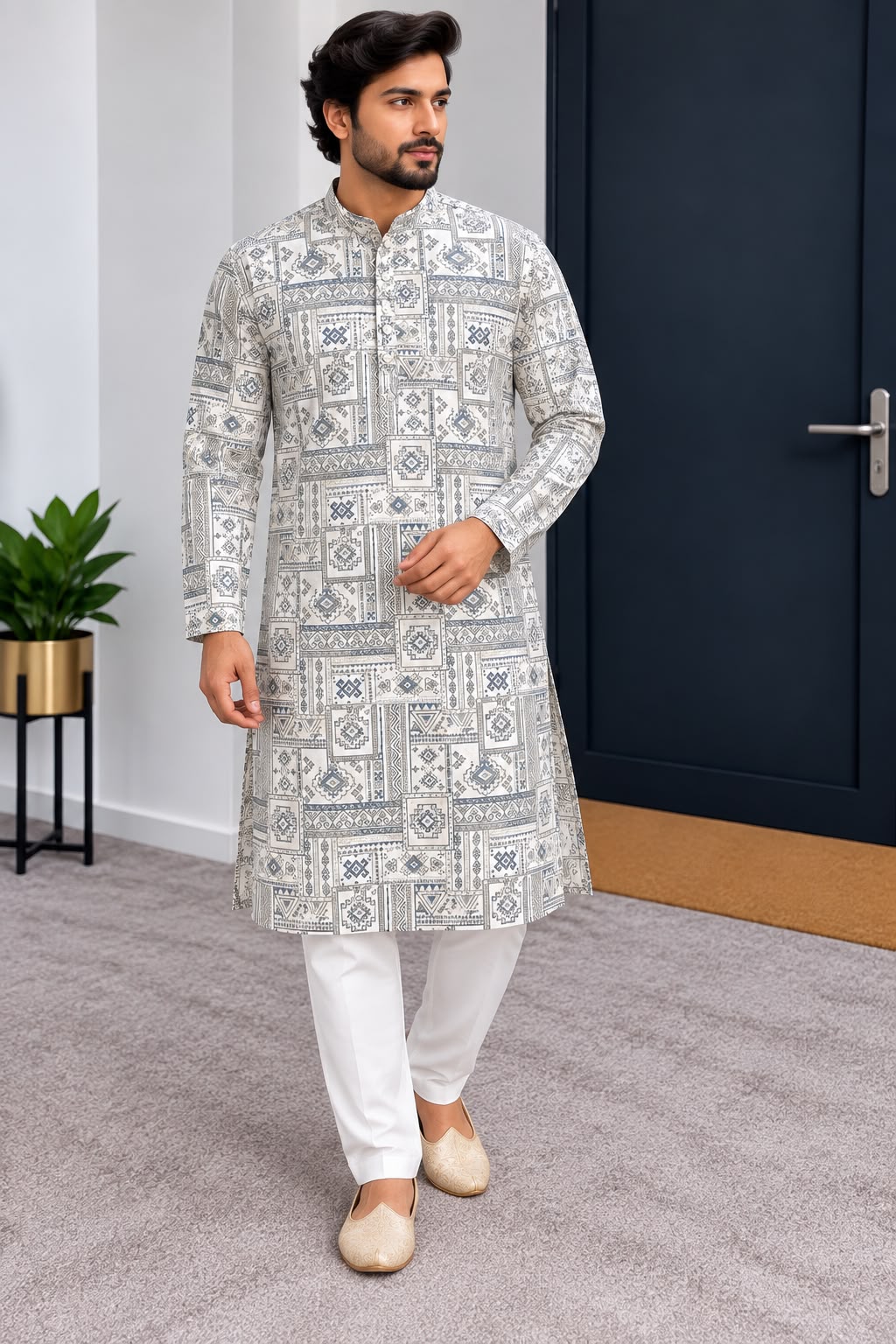 Close-up details of white and grey geometric-print men's kurta