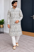 Close-up details of white and grey geometric-print men's kurta
