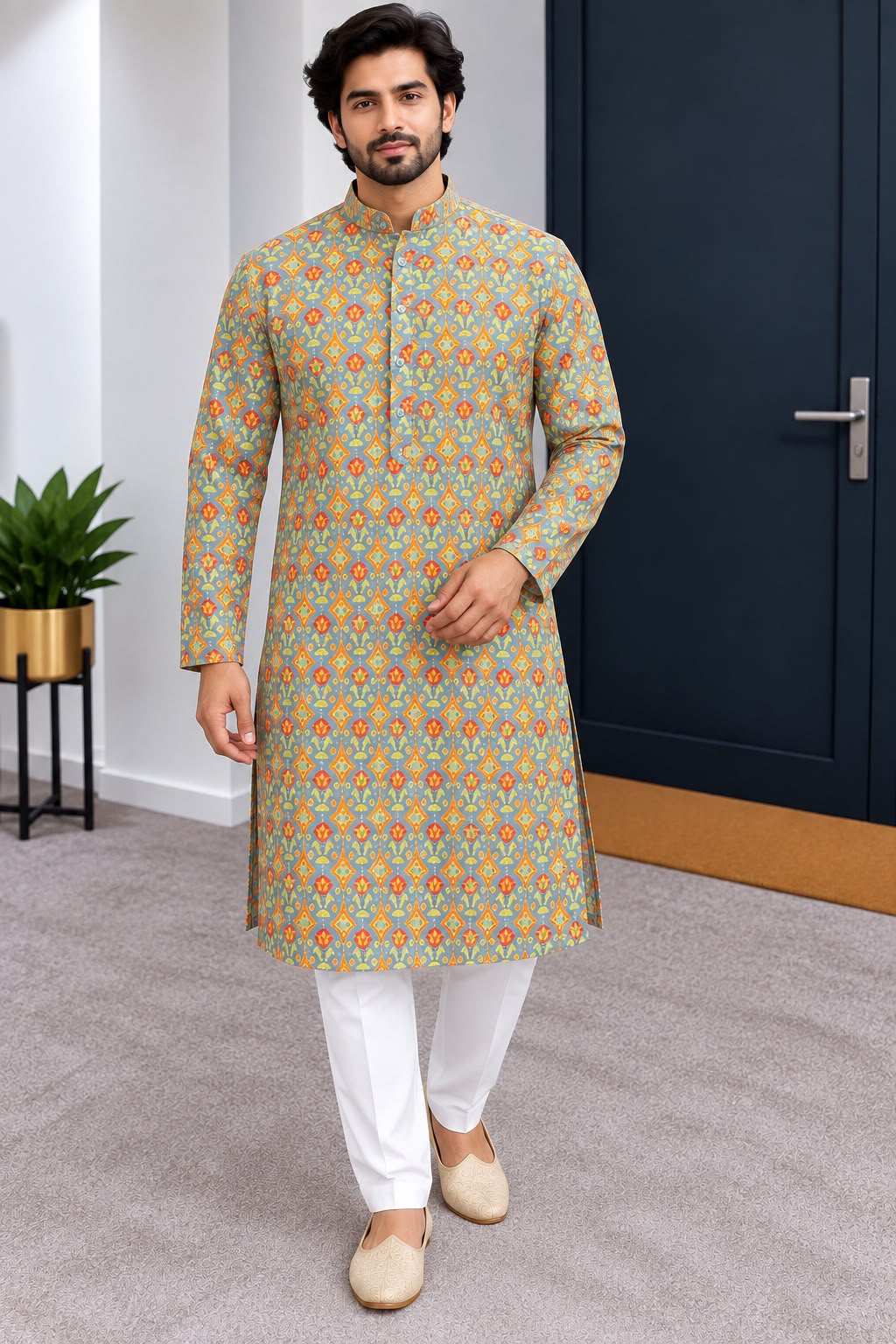 Back view of multicolour floral-print men's kurta