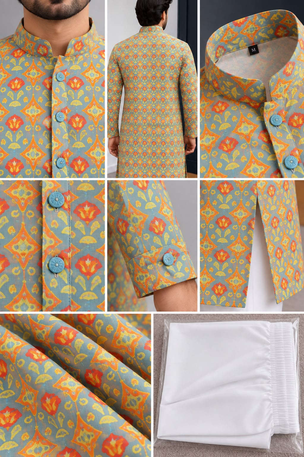 Collar and fabric details of multicolour floral-print men's kurta