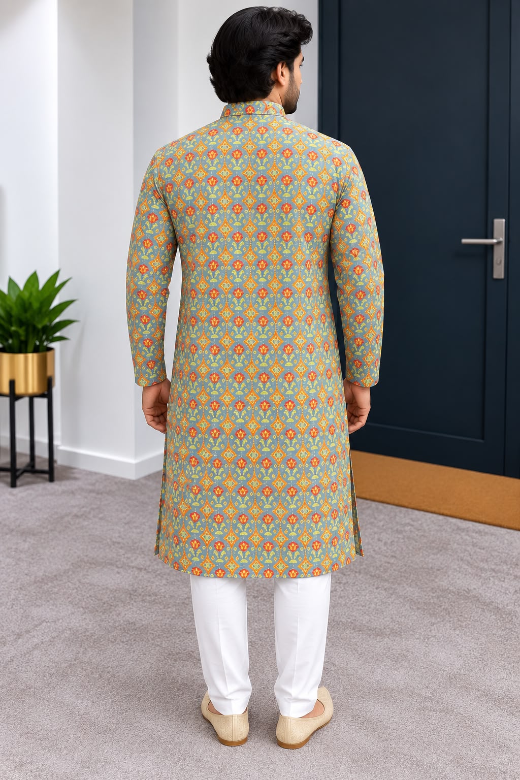 Front view of multicolour floral-print men's kurta