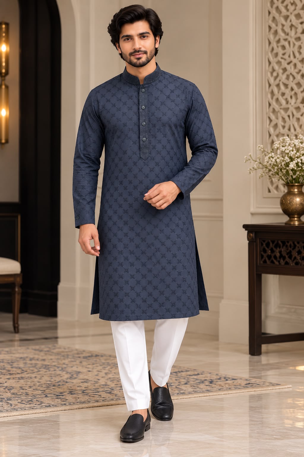 Back view of dark blue textured men's kurta