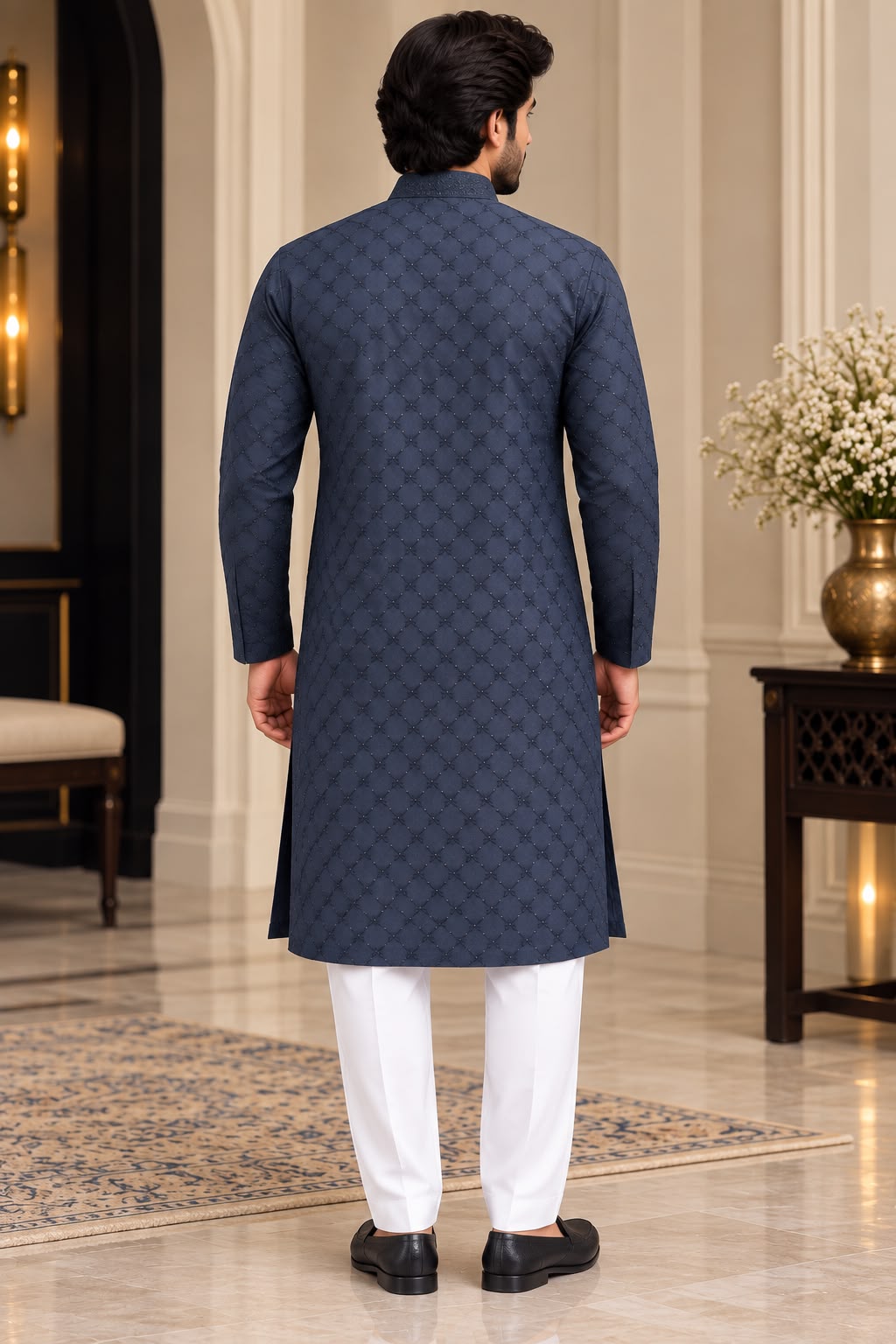 Front, back and detail views of dark blue textured men's kurta