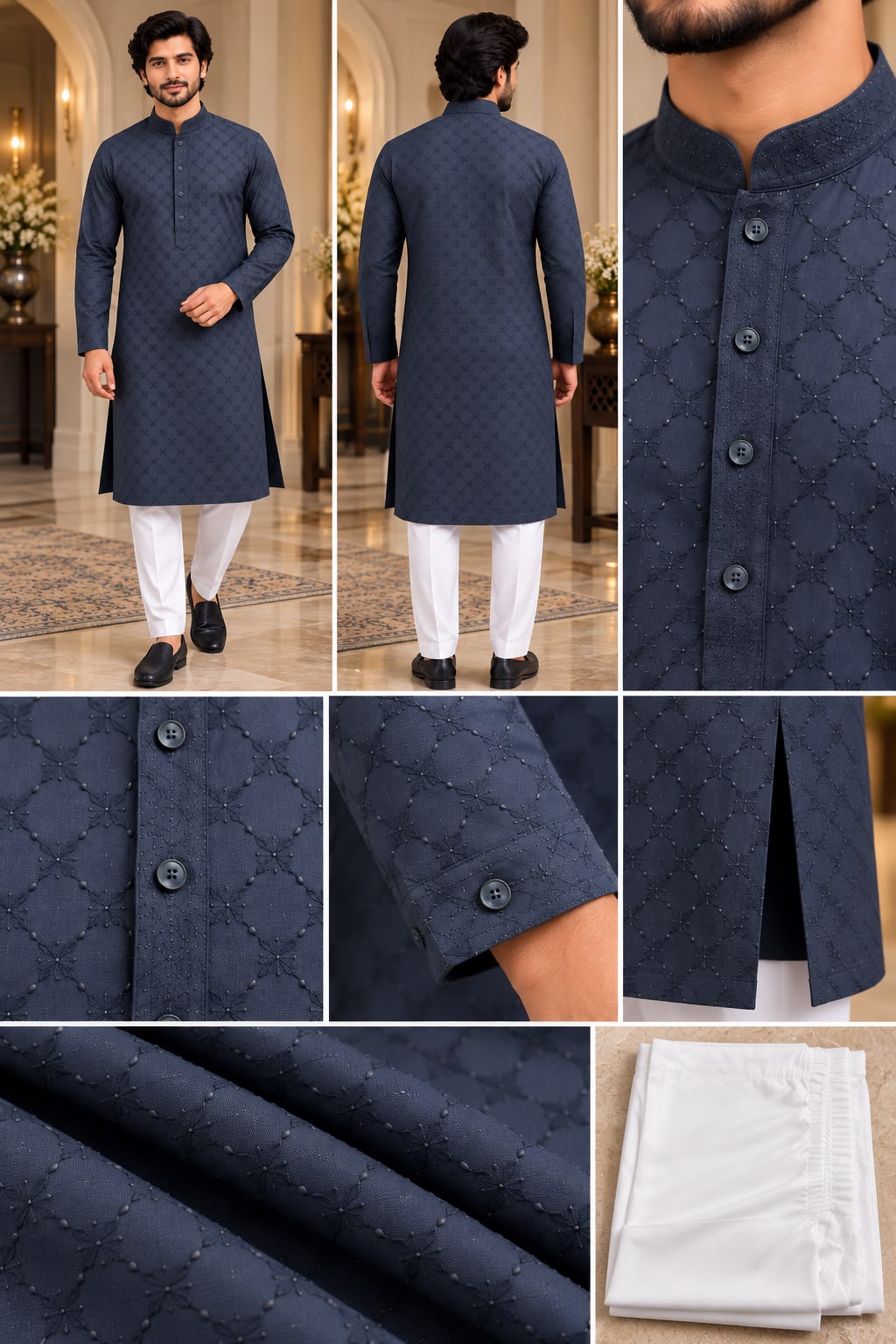 Front view of dark blue textured men's kurta