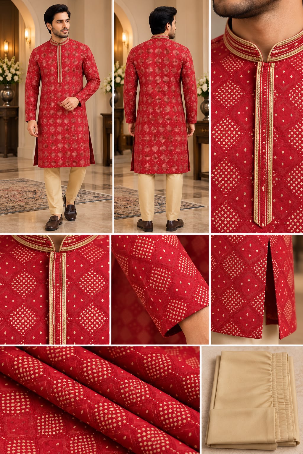 Front view of red diamond-pattern men's kurta with gold trim