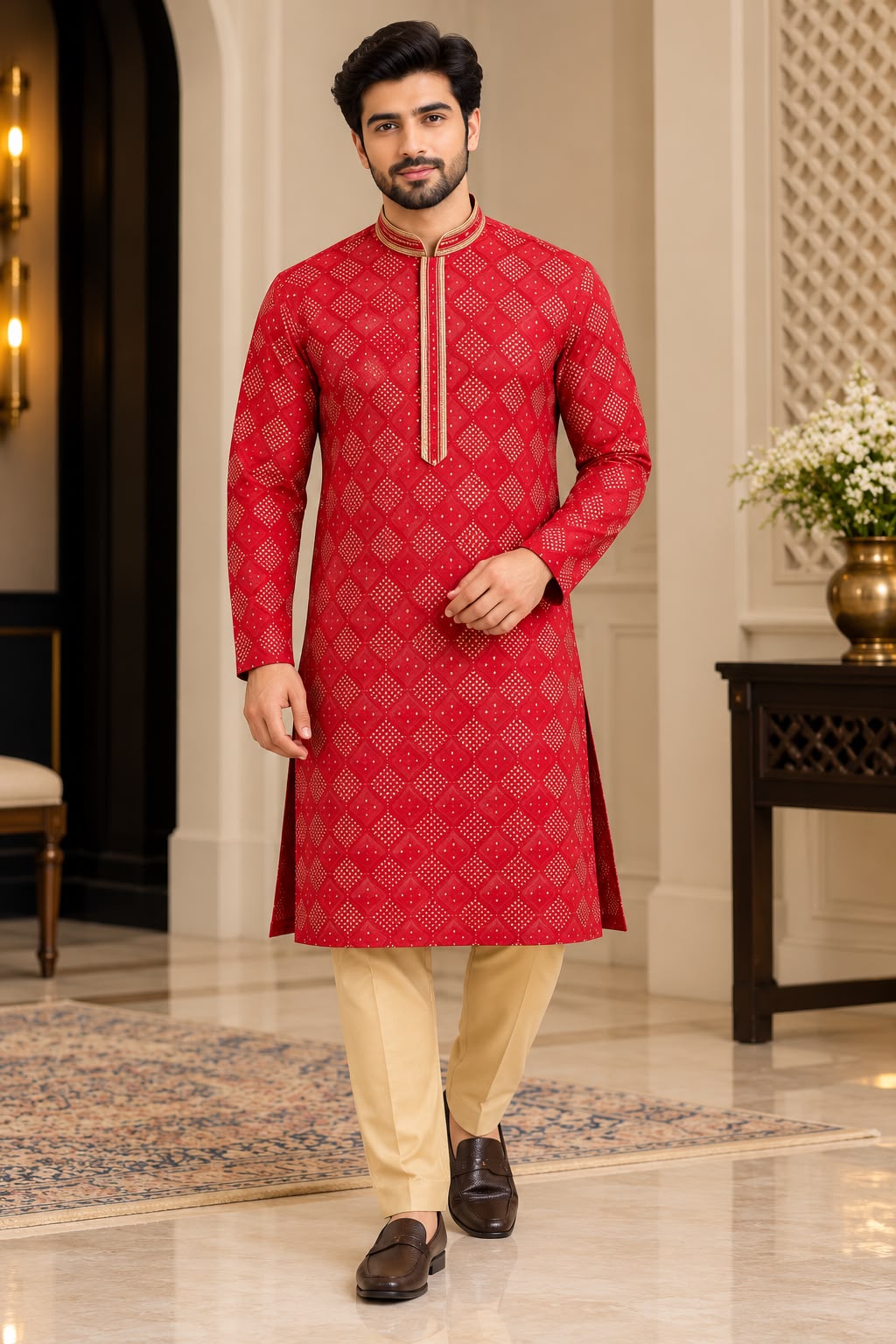 Front, back and detail views of red diamond-pattern men's kurta