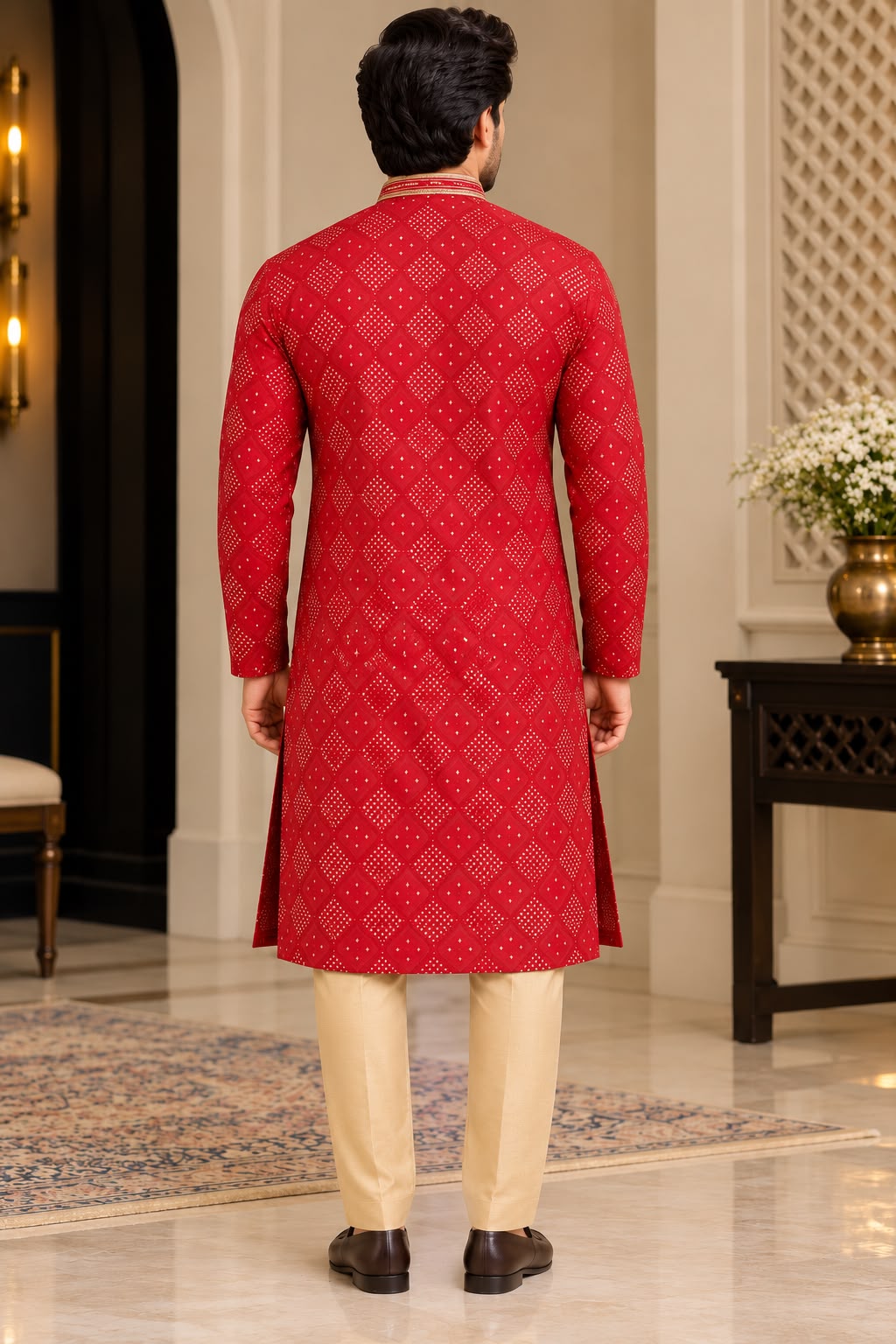 Back view of red diamond-pattern men's kurta