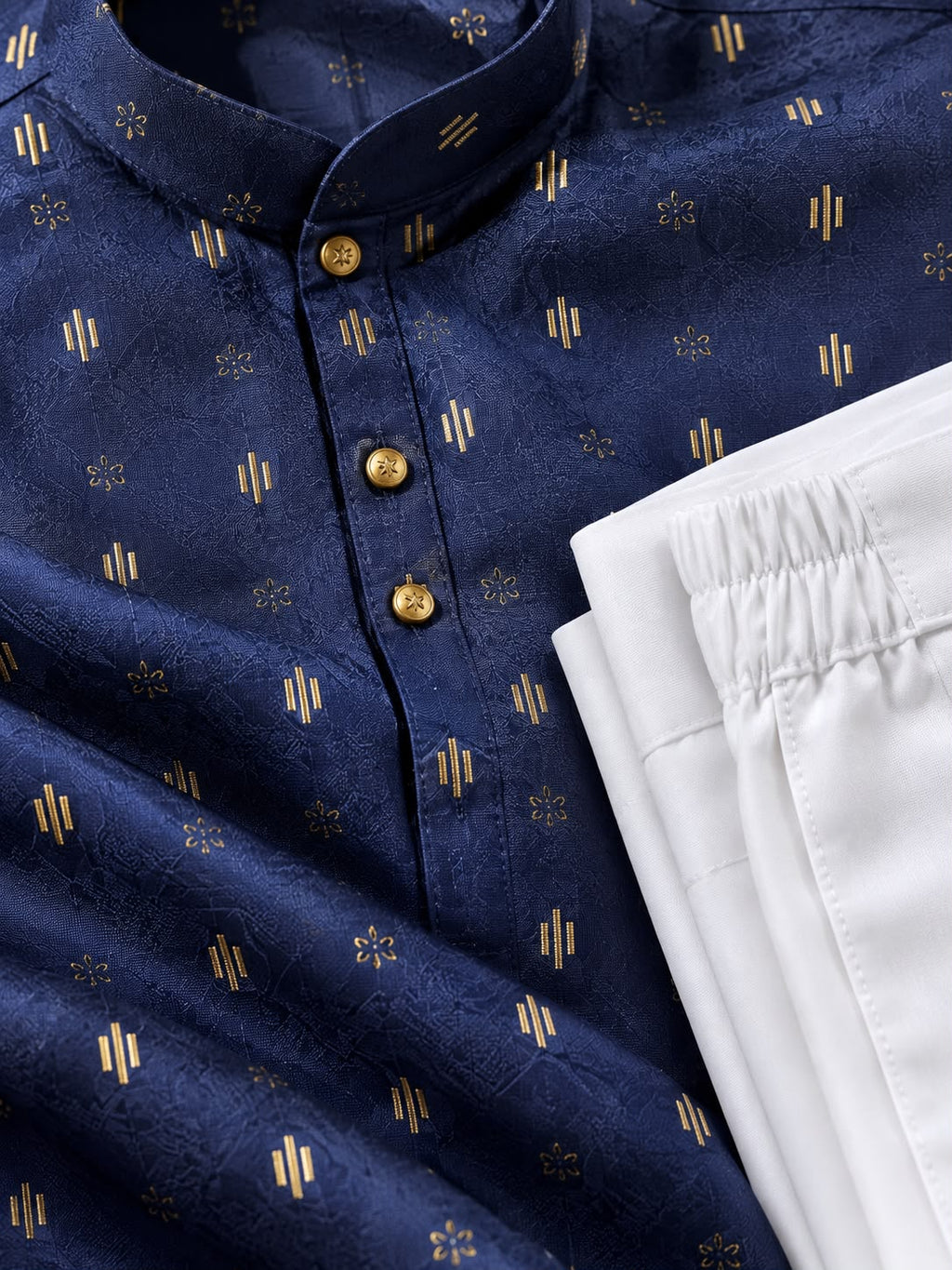 Back view of navy motif-print men's kurta