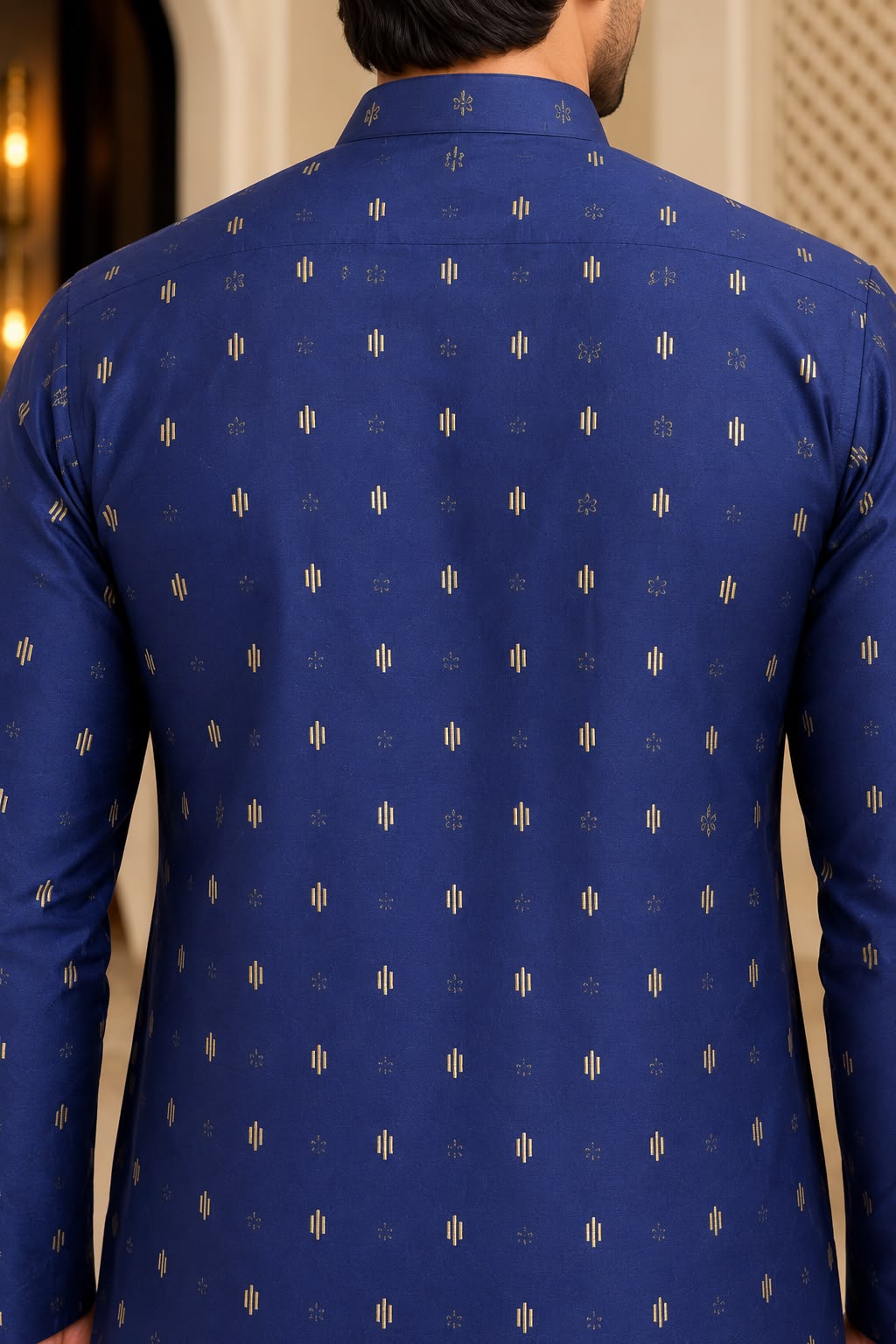 Front view of navy motif-print men's kurta