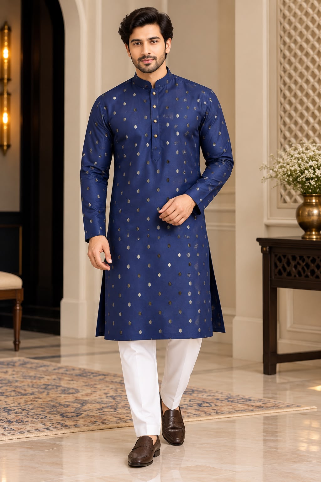 Fabric and collar close-up of navy motif-print men's kurta
