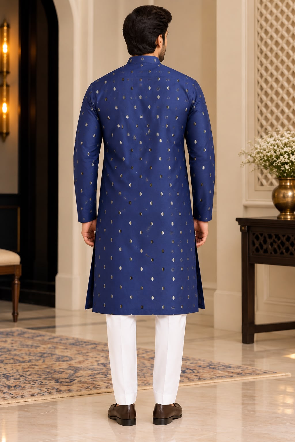 Back fabric close-up of navy motif-print men's kurta