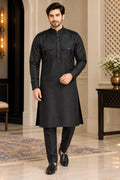 Back view of black men's kurta and trouser set
