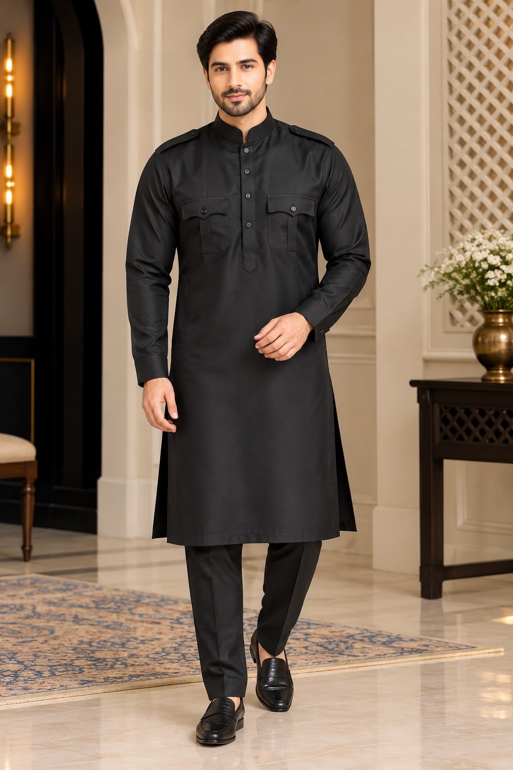 Back view of black men's kurta and trouser set