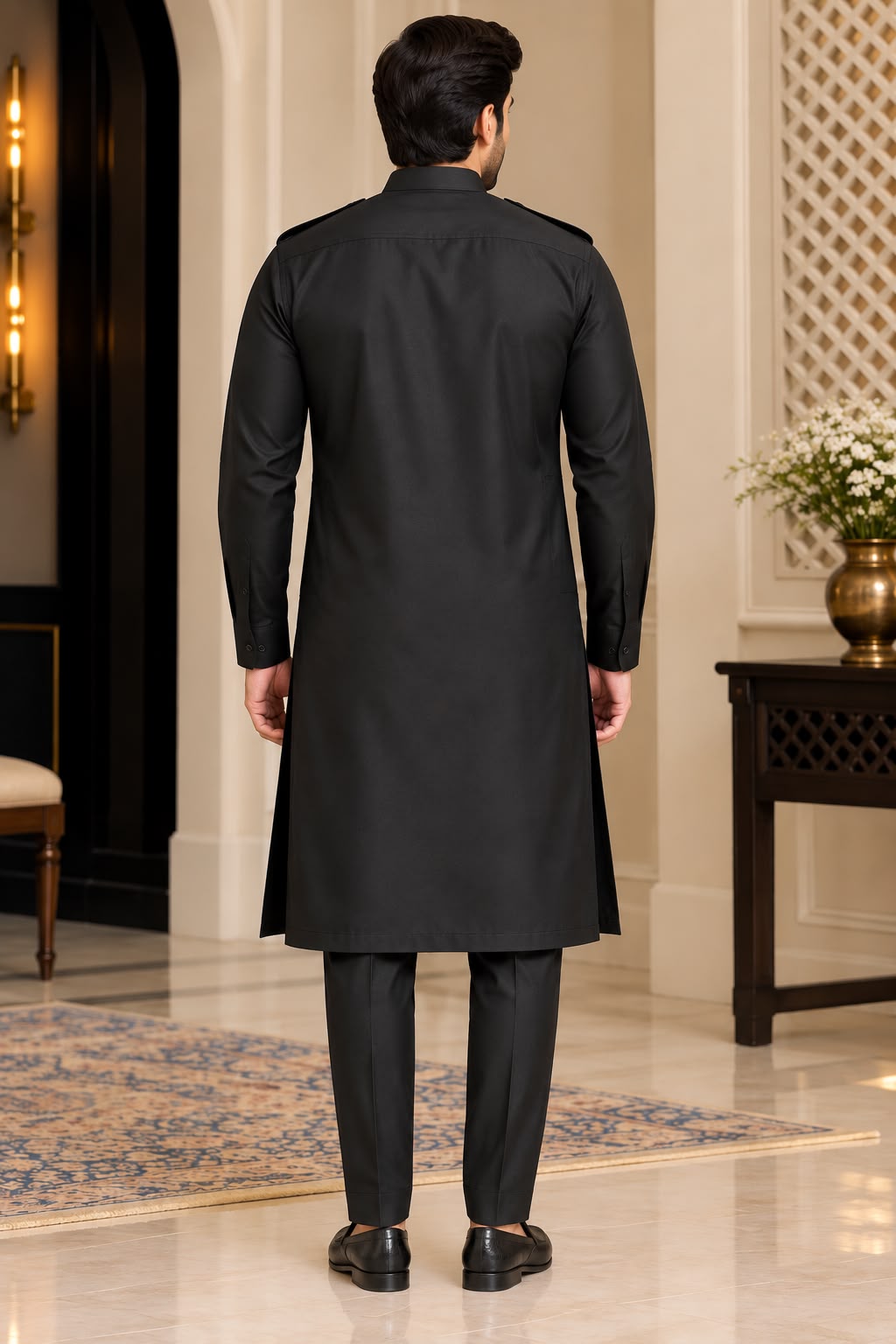 Front view of black men's kurta and trouser set