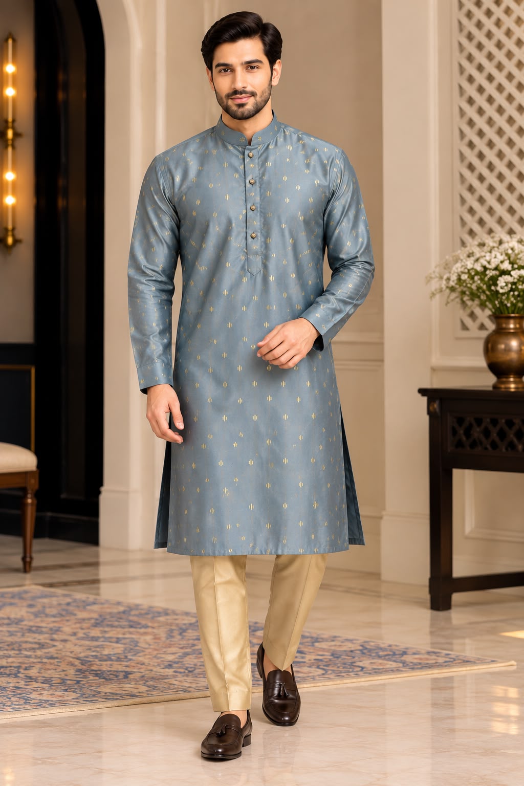 Front view of blue-grey patterned men's kurta styled with beige trousers