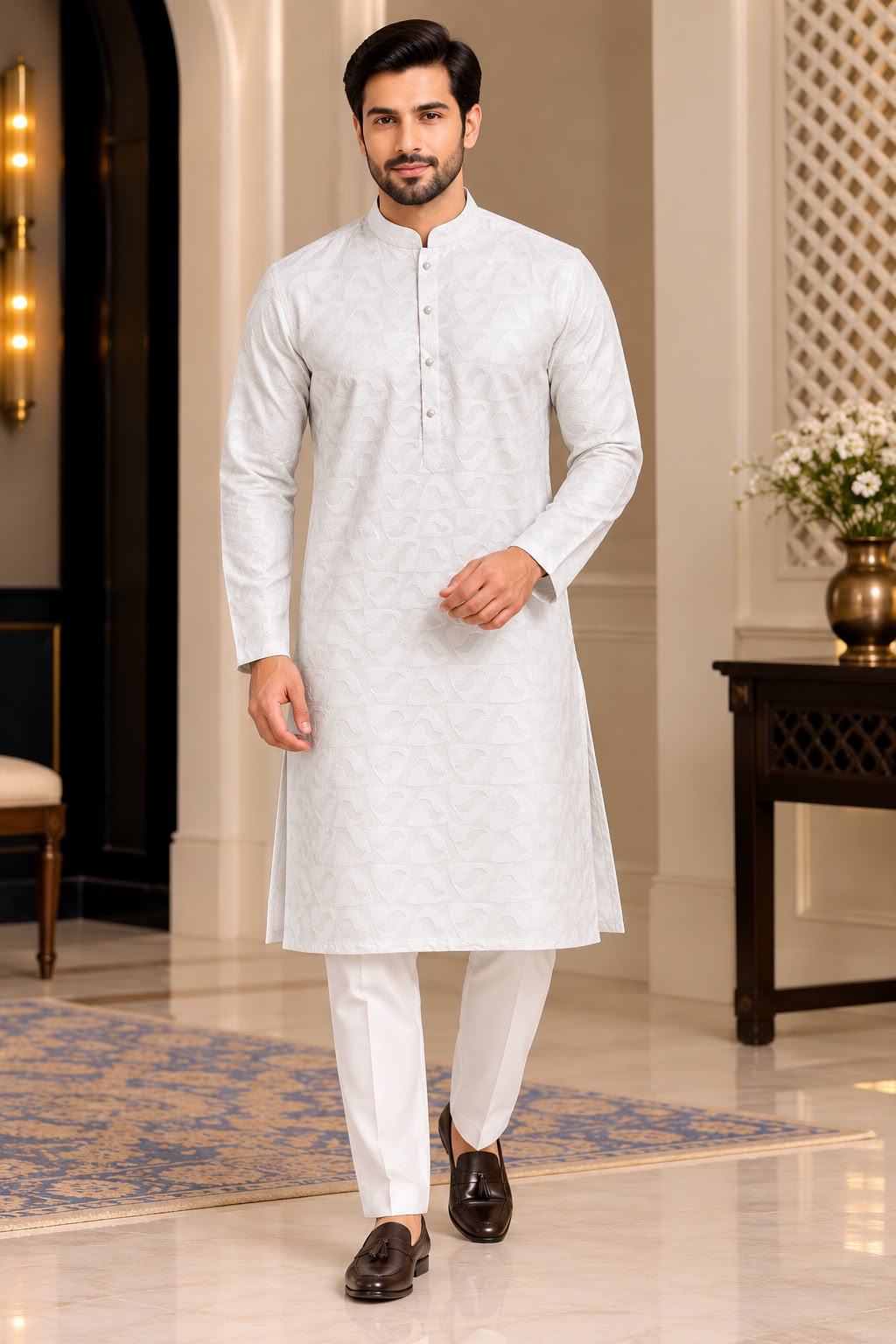 Front view of white patterned men's kurta styled with white trousers