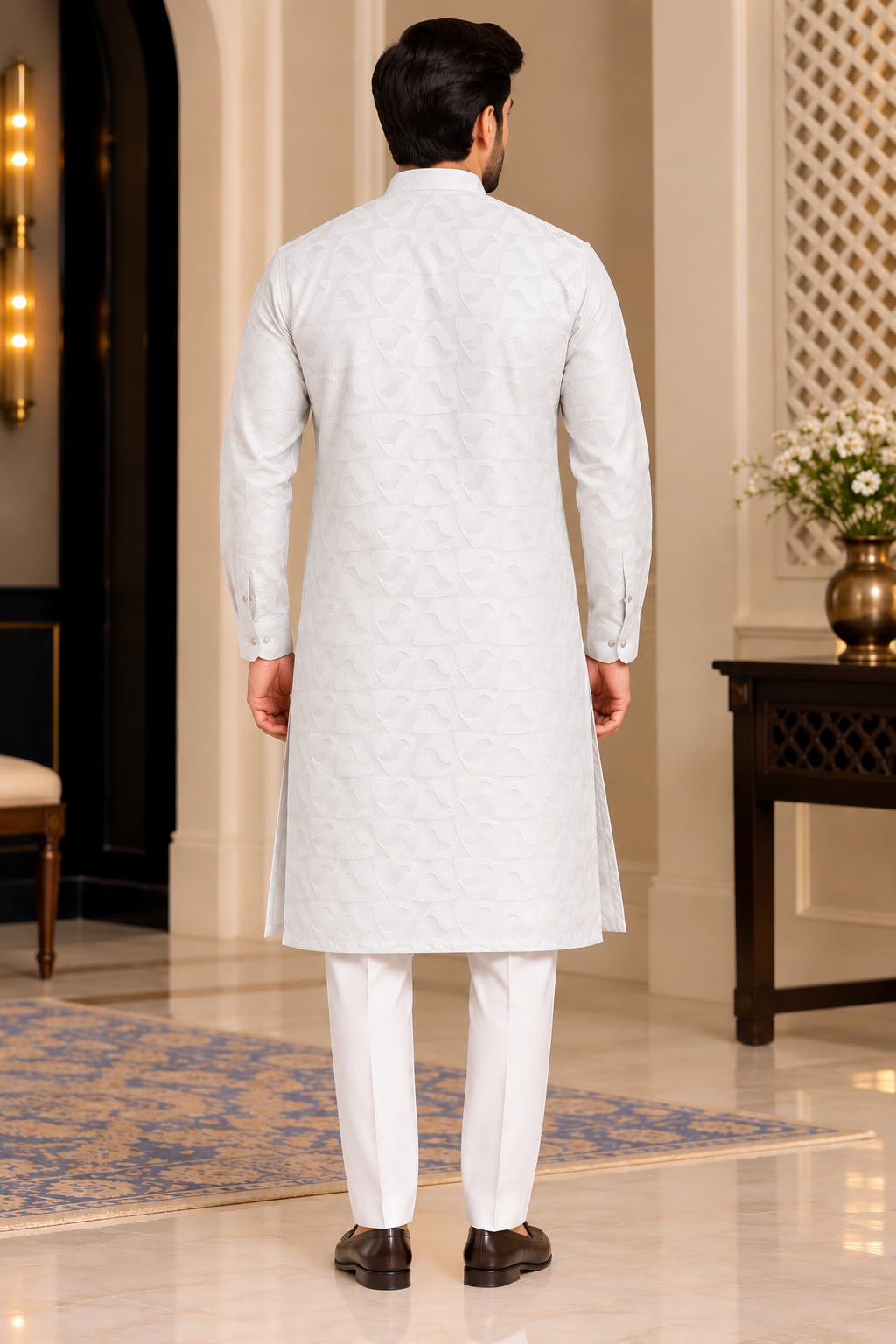 Back view of white patterned men's kurta