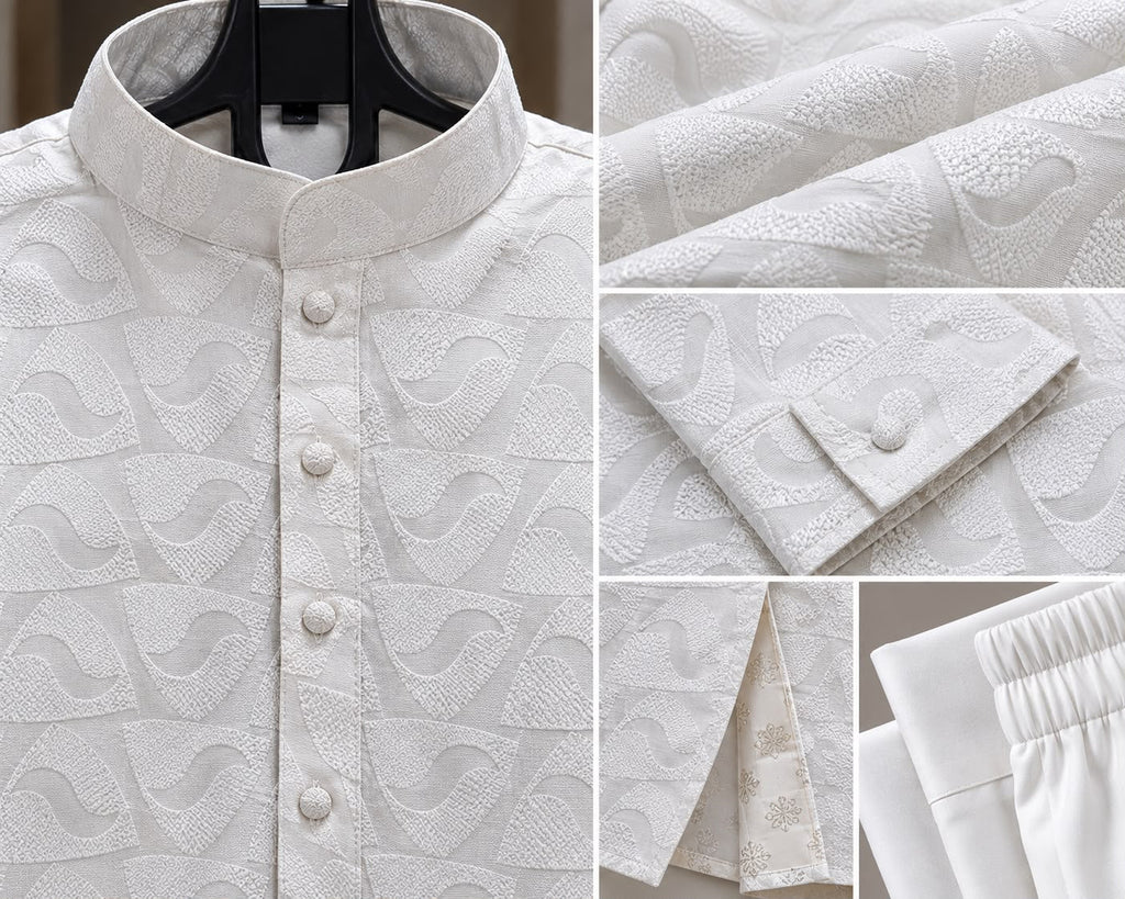 Details of white kurta collar, covered buttons, cuffs and tonal pattern