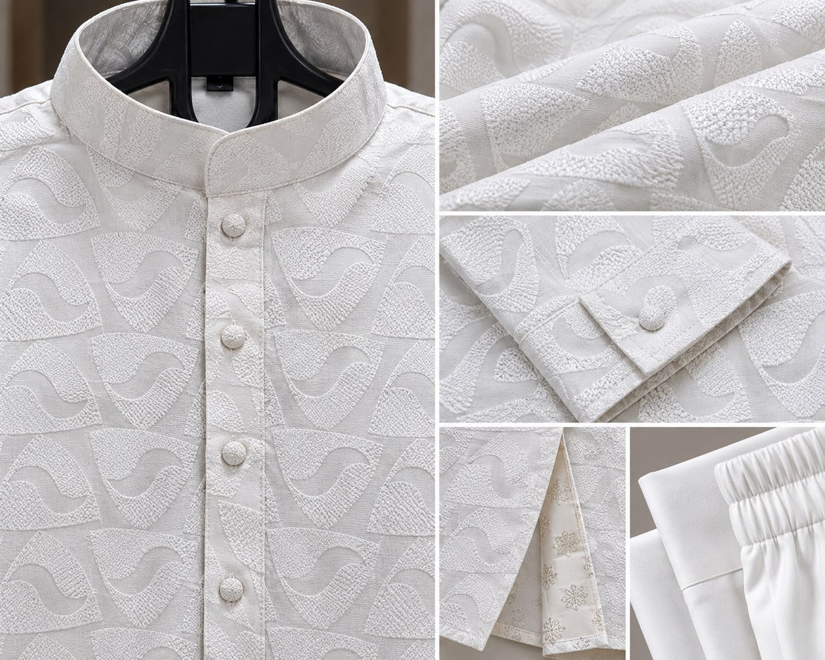 Details of white kurta collar, covered buttons, cuffs and tonal pattern