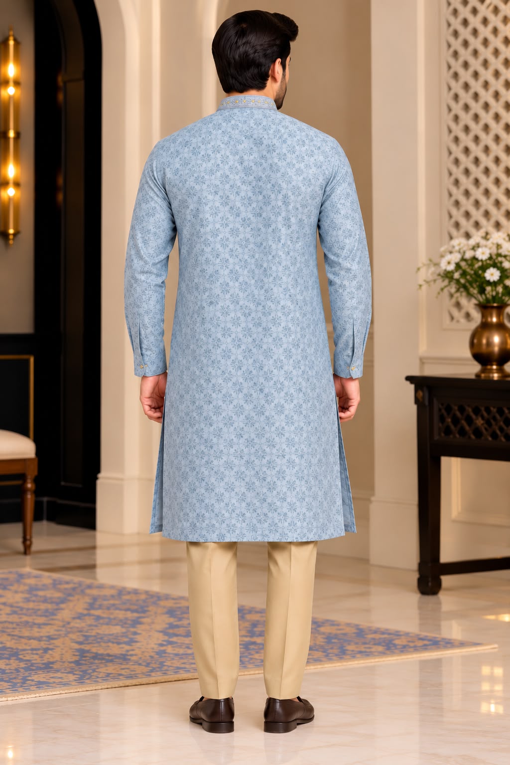 Light Blue Patterned Men's Kurta – Size 38, Chest size: 108 cm