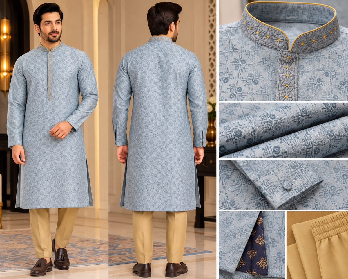 Light Blue Patterned Men's Kurta – Size 38, Chest size: 108 cm