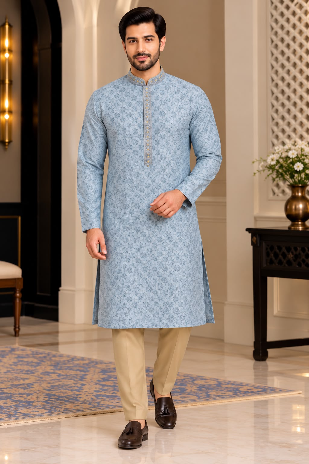 Light Blue Patterned Men's Kurta – Size 38, Chest size: 108 cm