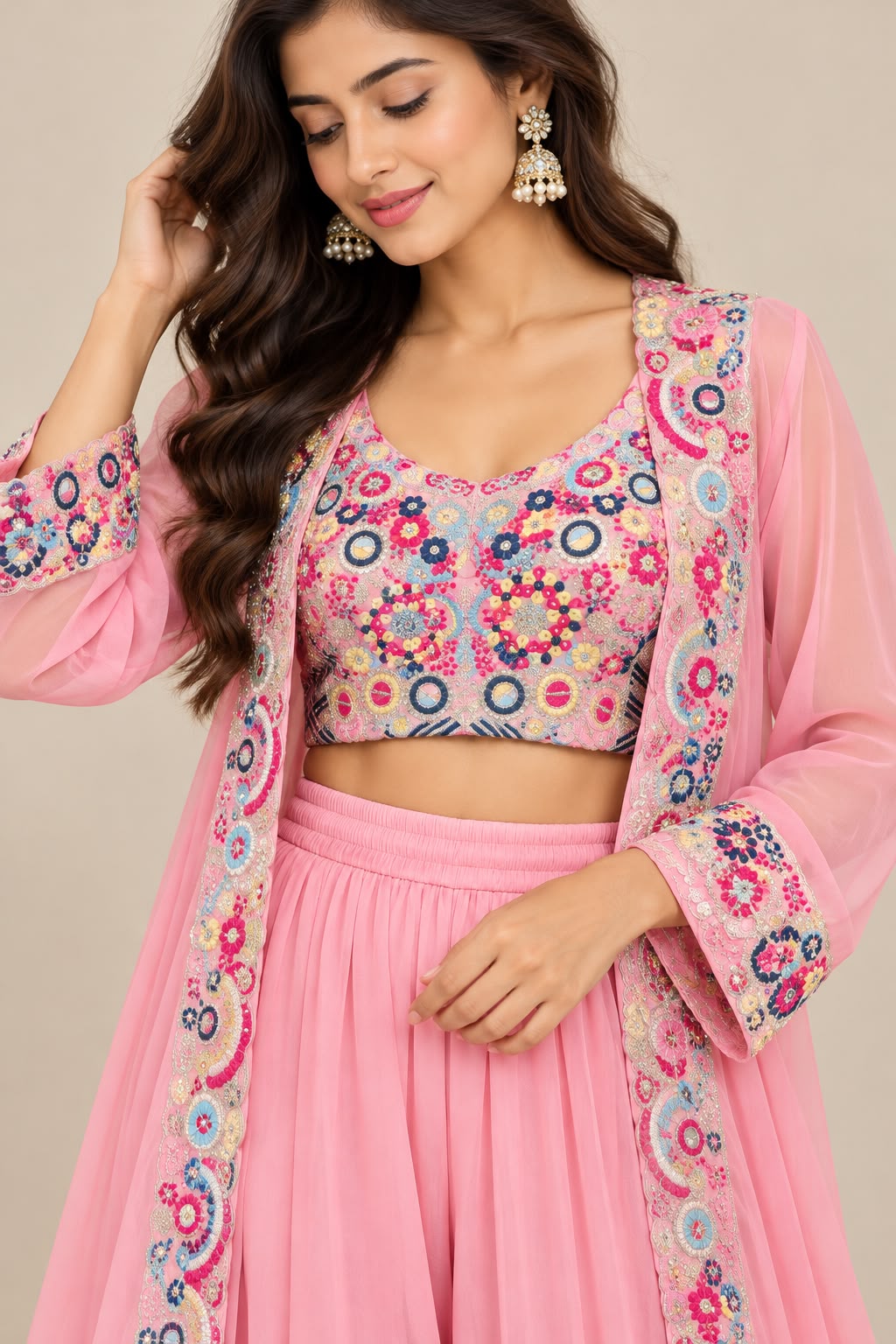 Pink Embellished Three-Piece Palazzo Set – XXL