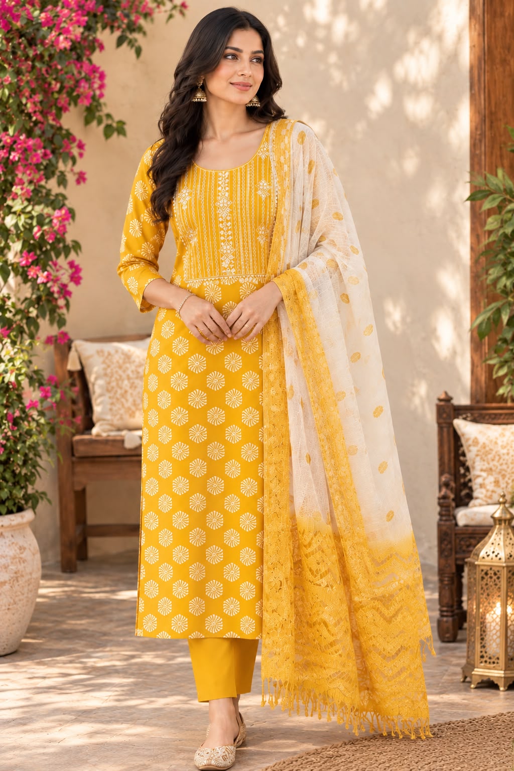 Chudidar / Top – 3er-Set – Gelb mit Blumenmuster – Größe S