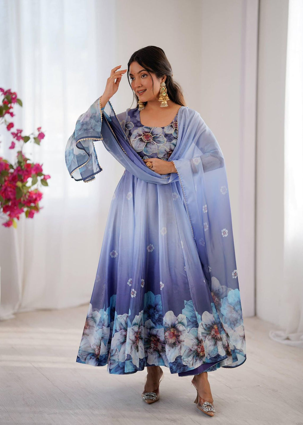 Blue Floral Anarkali Size L