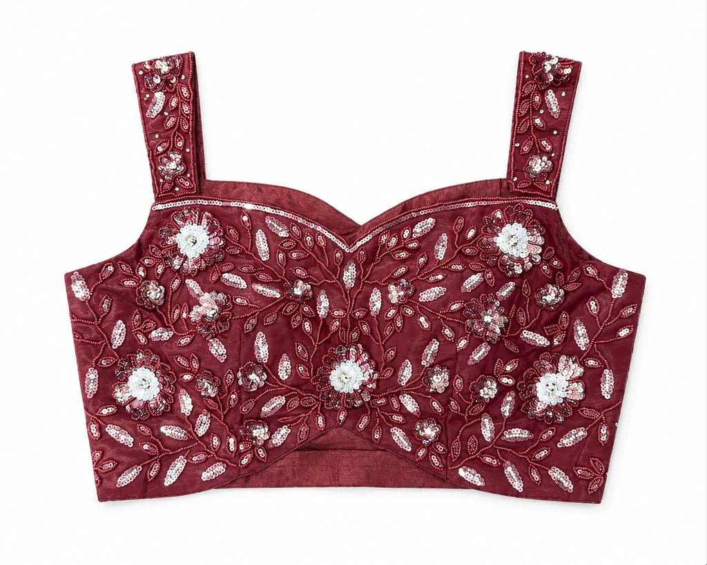 Bordeauxrotes Lehenga-Set mit floraler Paillettenbluse und Schal ready made