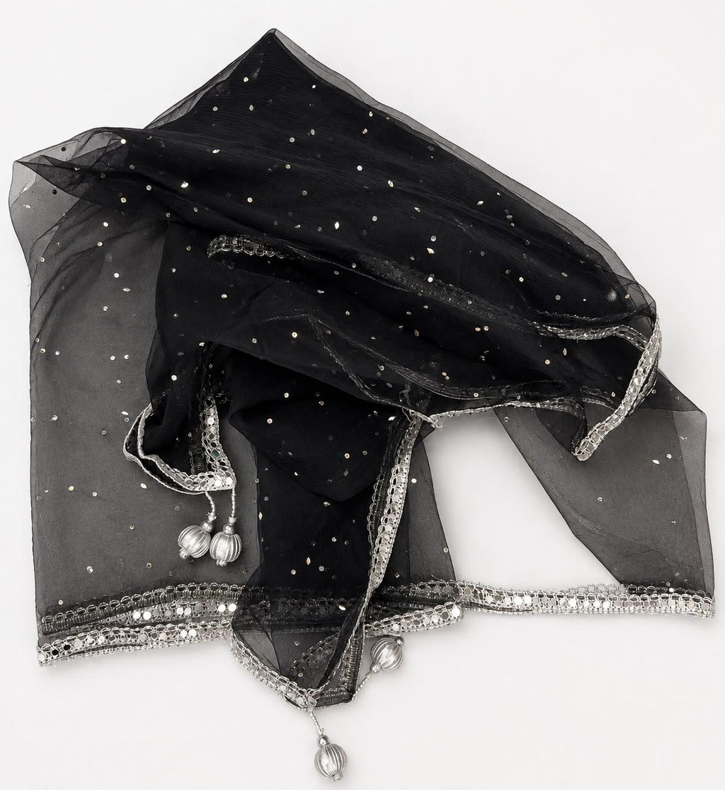 Schwarzes Lehenga-Set mit silberfarbenen Blumenmotiven und Dupatta