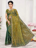 Olivgrüner Saree mit silberfarbenen Verzierungen